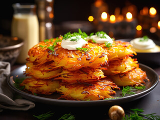 Wall Mural - Nutrious Potato pancakes latkes on white table traditional jewish festive food for hanukkah holiday