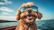happy dog is traveling on a boat with sunglasses