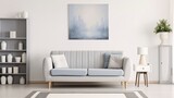 Fototapeta  - A Plush Grey Settee in a Well-Appointed Apartment, Complemented by a Lamp and Wall Art