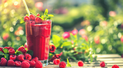 Raspberry smoothie served in blossoming garden, healthy refreshing summer drink