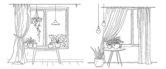 One continuous line drawing of window with curtains and table with home plant.