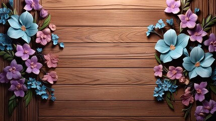 Wall Mural - 3d illustration , wooden planks background with beautiful flowers on background , custom wallpaper design. Generative Ai