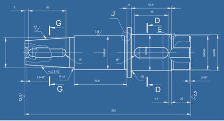 vector engineering cad drawing of a mechanical part (steel shaft) with through holes, dimensions. co