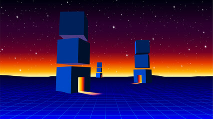 Wall Mural - futuristic landscape with portal cubes architectural abstraction. 80s styled synthwave surreal arcad