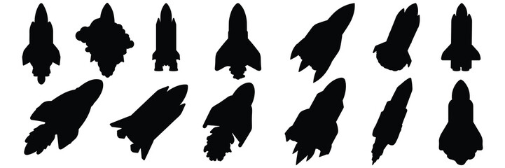 Wall Mural - Rocket space silhouettes set, large pack of vector silhouette design, isolated white background