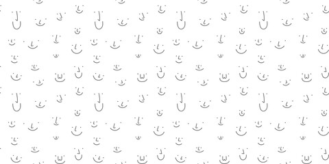Wall Mural - Black and white smiling face cartoon doodle seamless pattern. Funny retro smile faces background illustration. Vintage character wallpaper, fun monochrome texture print.	