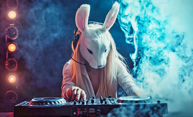 Wall Mural - blonde girl with banny ears character standing and making musical mix with special equipment and working as dj in night club at party