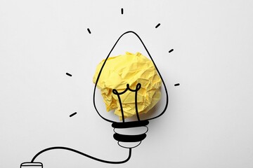 Sticker - Idea. Illustration of light bulb around crumpled paper ball on white background, top view