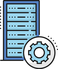 Poster - Color database, network server, cloud storage icon, depicts organized information storage, represented by stacked rectangular blocks. Linear vector symbol of data management, retrieval, digital system