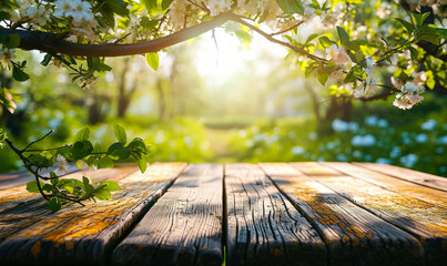 Springtime concept with an empty wooden table against a backdrop of fresh green foliage and blooming branches in a garden bathed in sunlight