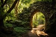 © Iftikhar alam - Stone Arch in Middle of Forest, Ancient and Enchanting Pathway Amidst Natures Beauty, A sun-dappled forest path leading to a mysterious stone arch, AI Generated