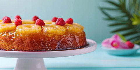 Classic retro pineapple upside down cake, soft, buttery with a caramelized brown sugar pineapple and berry topping on blue background. Dessert from childhood.