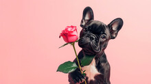 A Cute Puppy Holds A Red Rose In His Paws On A Light Pink Background. Congratulations On Valentine's Day.
