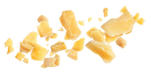 Poster - Tasty parmesan cheese falling on white background