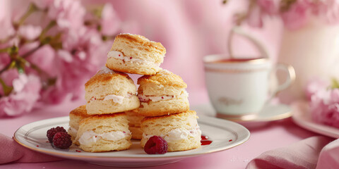 Wall Mural - Scones with cream filling is a British sweet pastry for tea. Crispy wheat flour cookies on minimal table with copy space. A close-up of a scone dessert.