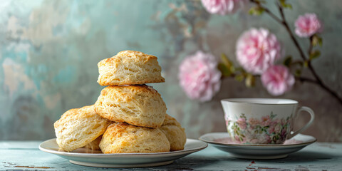 Wall Mural - Scones is a British sweet pastry, tea cup. Crispy wheat flour cookies on minimal table with copy space. A close-up of a scone dessert.
