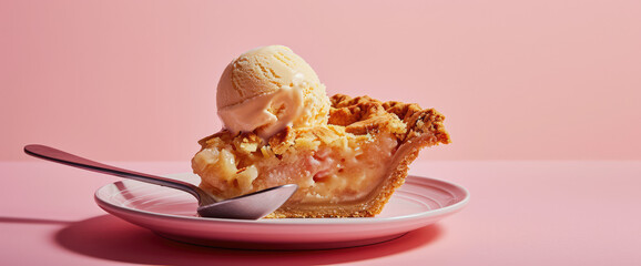 Wall Mural - Slice of delicious apple pie with a ball of creamy ice cream on pastel light pink background with copy space. Classic baking, picture for menu, fruit pie.