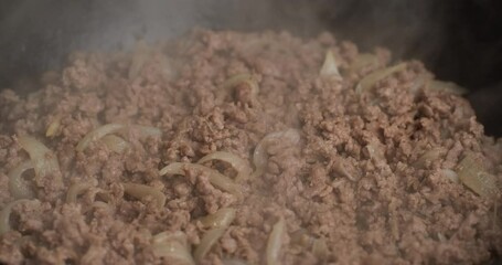 Wall Mural - Process fry minced meat with onion in pan, close up