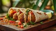 Food photography, falafel wrap with a burst of tahini, on a tropical palm leaf background