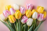 Fototapeta Tulipany - festive design, lively spring flowers bouquet. many tulips with blossom on colorful background