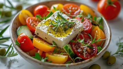 Wall Mural - Food photography, Greek salad, vibrant tomatoes and feta cheese, with a cheese pull, on a marble stone table with olive branches around
