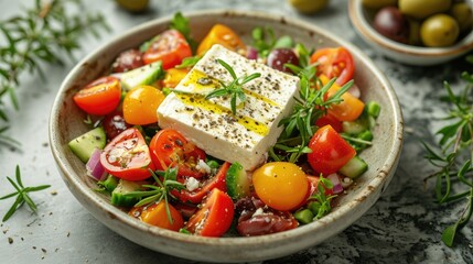 Wall Mural - Food photography, Greek salad, vibrant tomatoes and feta cheese, with a cheese pull, on a marble stone table with olive branches around
