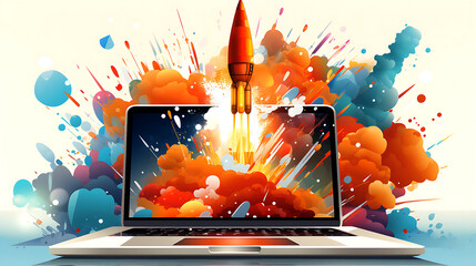 Rocket coming out of laptop screen, blue background. AI digital illustration