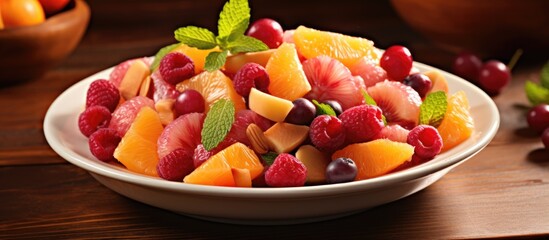 Wall Mural - Mixed raspberries, tangerines, grapes, and nectarines create a nutritious fruit salad dessert.