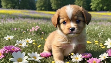 Puppy sitting in a field of flowers