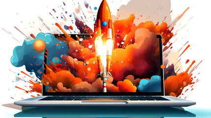 Rocket coming out of laptop screen, blue background. AI digital illustration