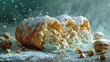 An illustration of a festive pistachio-filled cannoli, adorned with crushed nuts and powdered sugar.