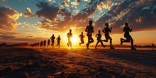 The Black Silhouettes Of Marathon Runners Against The Backdrop Of A Captivating Sunset, Capturing The Essence Of Endurance And Determination In The Sport Of Long-distance Running.