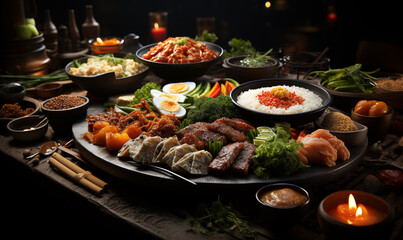Wall Mural - Traditional japanese korean food on wooden table, selective focus.
