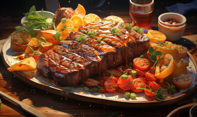 Wall Mural - Grilled beef steak with vegetables and sauce on a wooden table.