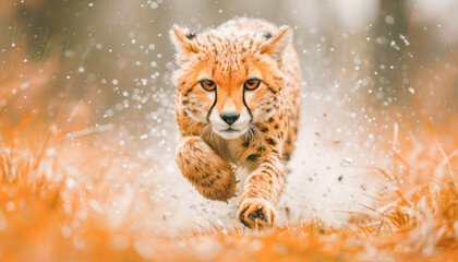 Wall Mural - Cheetah (Acinonyx jubatus) running in the savanna, World Wildlife Day celebration, March, concept Animals, generative ai