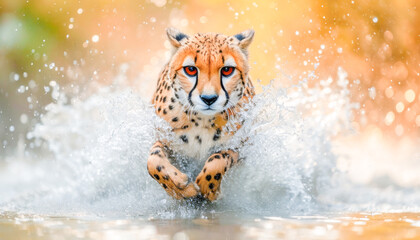 Wall Mural - Cheetah (Acinonyx jubatus) running in the river, World Wildlife Day celebration, March, concept Animals, generative ai