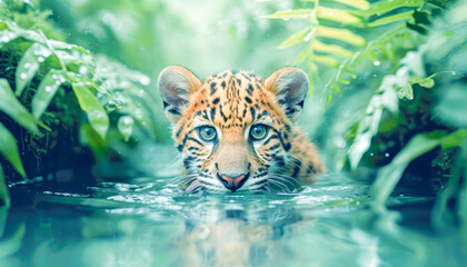 Wall Mural - Leopard (Panthera pardus) standing in the river, World Wildlife Day celebration, March, concept Animals, generative ai