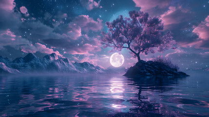 Wall Mural - 3d illustration of dreamland in pink and purple, in moonlight, fantasy, paradise