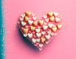 Heart shape with pink, white and gold confetti on pink background