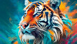 Portrait of a tiger on a colorful background. Close up.