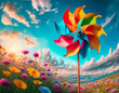 Colorful pinwheel on the flower meadow