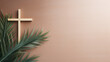 White cross gracefully placed beside a palm leaf on a soft brown background, echoing the spirit of Palm Sunday.