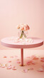 © Synthetica - Pink rose petals in vase on round table on pastel background.