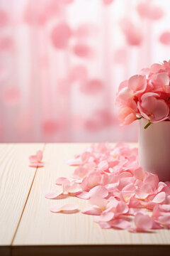 Pink rose petals in vase on wooden table and curtain background.