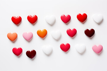 Wall Mural - Sweet candy hearts on white background, minimal food photography.