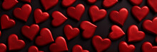 Beautiful Red Hearts On Black Background Banner. Valentine's Day. Panoramic Web Header With Copy Space. Wide Screen Wallpaper.