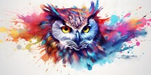 Watercolor Owl Close Up With Color Splashes On White Background