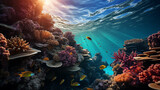 Fototapeta Do akwarium - Underwater view of coral reef and tropical fish.