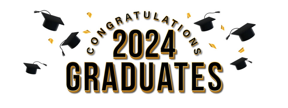 Graduation Banner Design with Black Text - Shiny Confetti and Tossed Graduate Caps - Congratulations 2024 Graduates
