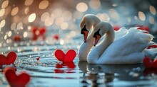 Two White Swans In Love On The Lake With Red Hearts.
